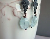 Aquamarine Earrings - Victorian Look Dangle - March Birthstone