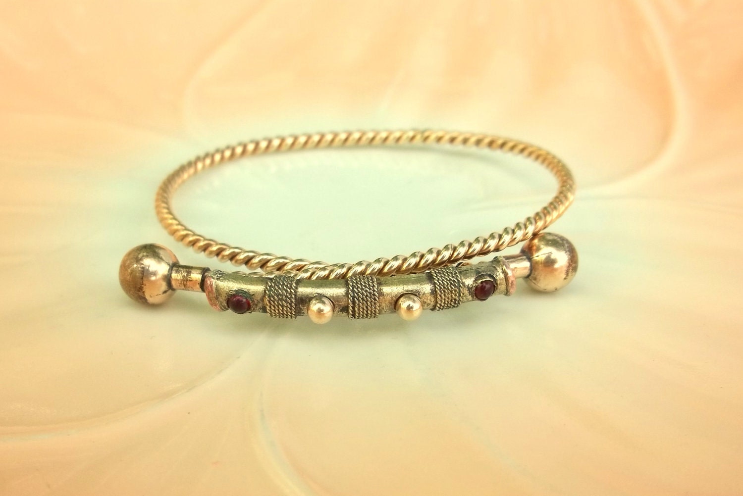 Reserve Jany.....Antique Victorian Gold Filled Garnet Crossover Bracelet Bangle Etruscan Style