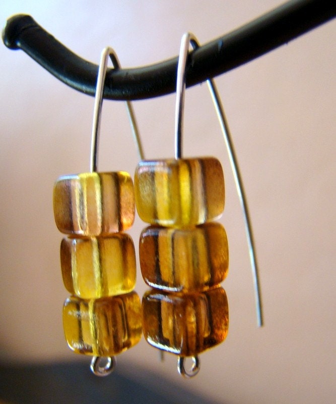 Amber glass cube earrings on sterling silver artisan wire - minimalist jewelry
