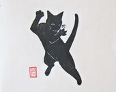 Dancing Cat III - Black Cat Lino Block Print