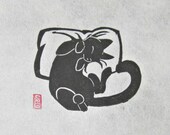 Catnapped - Mini Black Cat Lino Block Print