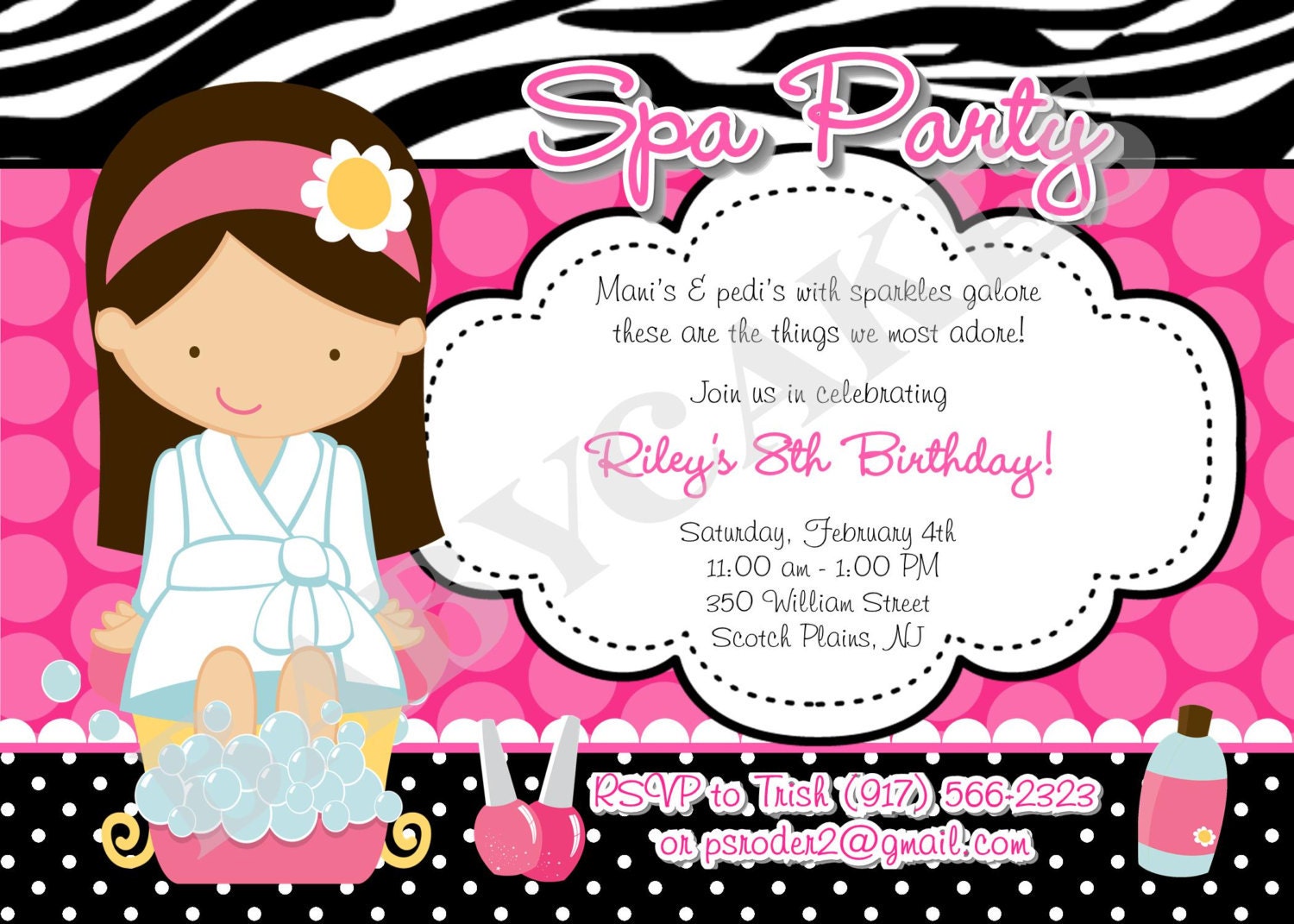 Spa Party birthday invitation Zebra Print - DIY Print YOur Own - Choose your girl, - Matching Party Printables Available