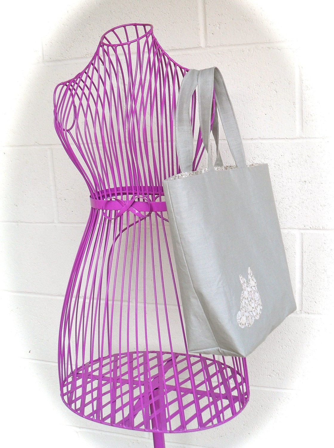 Grey Linen Tote Bag with Bunny Appliqué