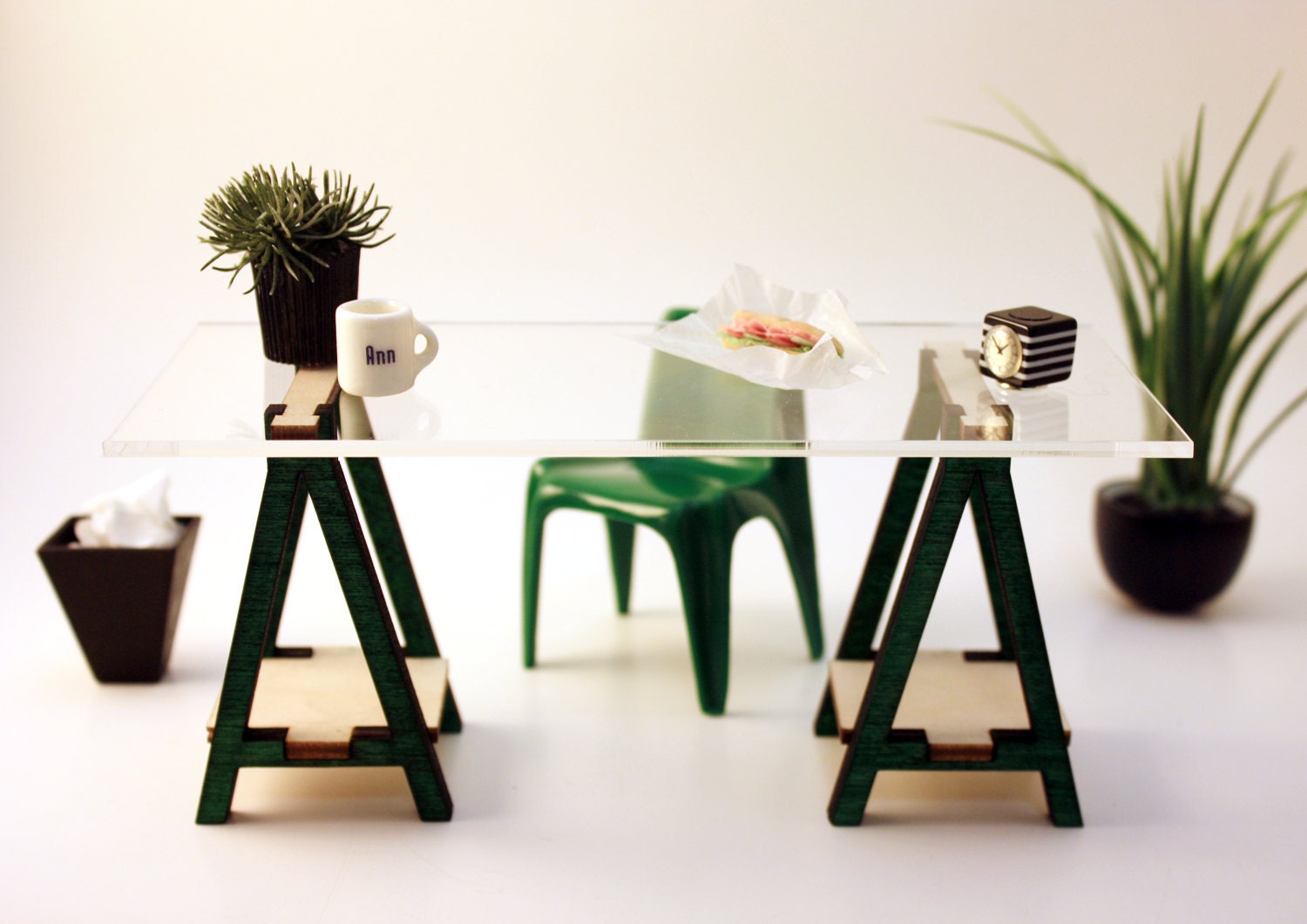 Miniature IKEA Inspired VIKA Desk Kit for 1:12 Scale Modern Dollhouse in Wood