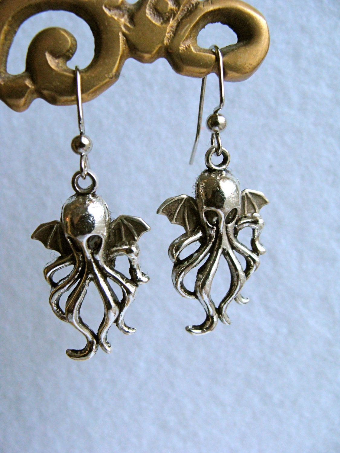 Cthulhu earrings, antiqued silver
