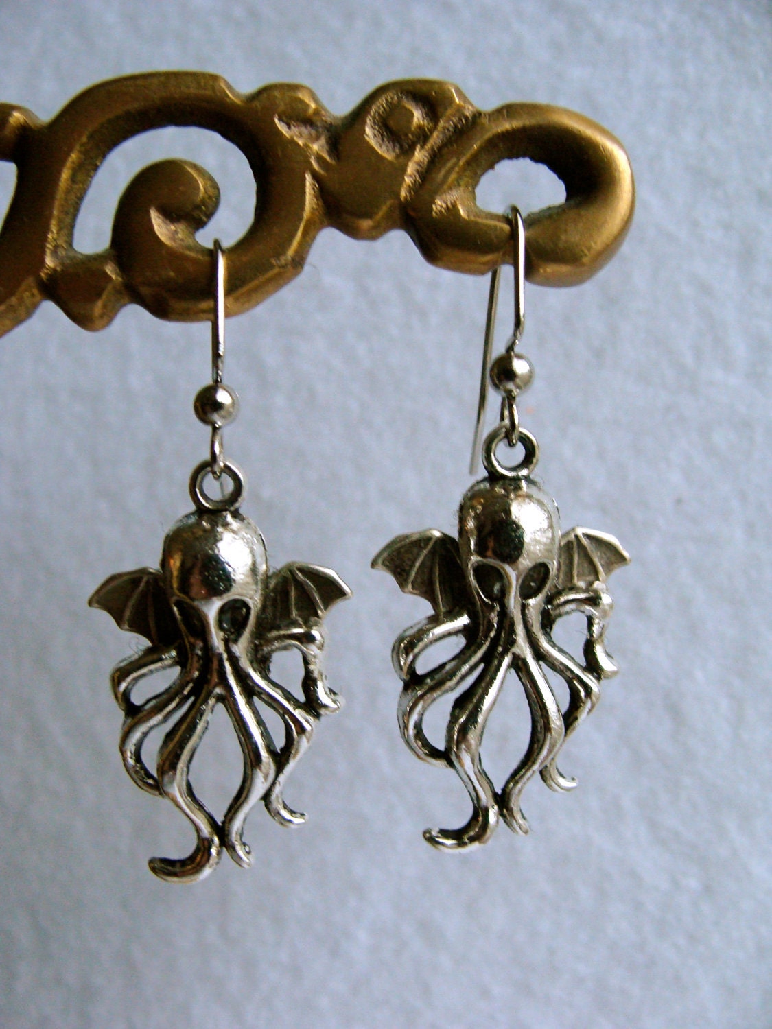 Cthulhu earrings, antiqued silver