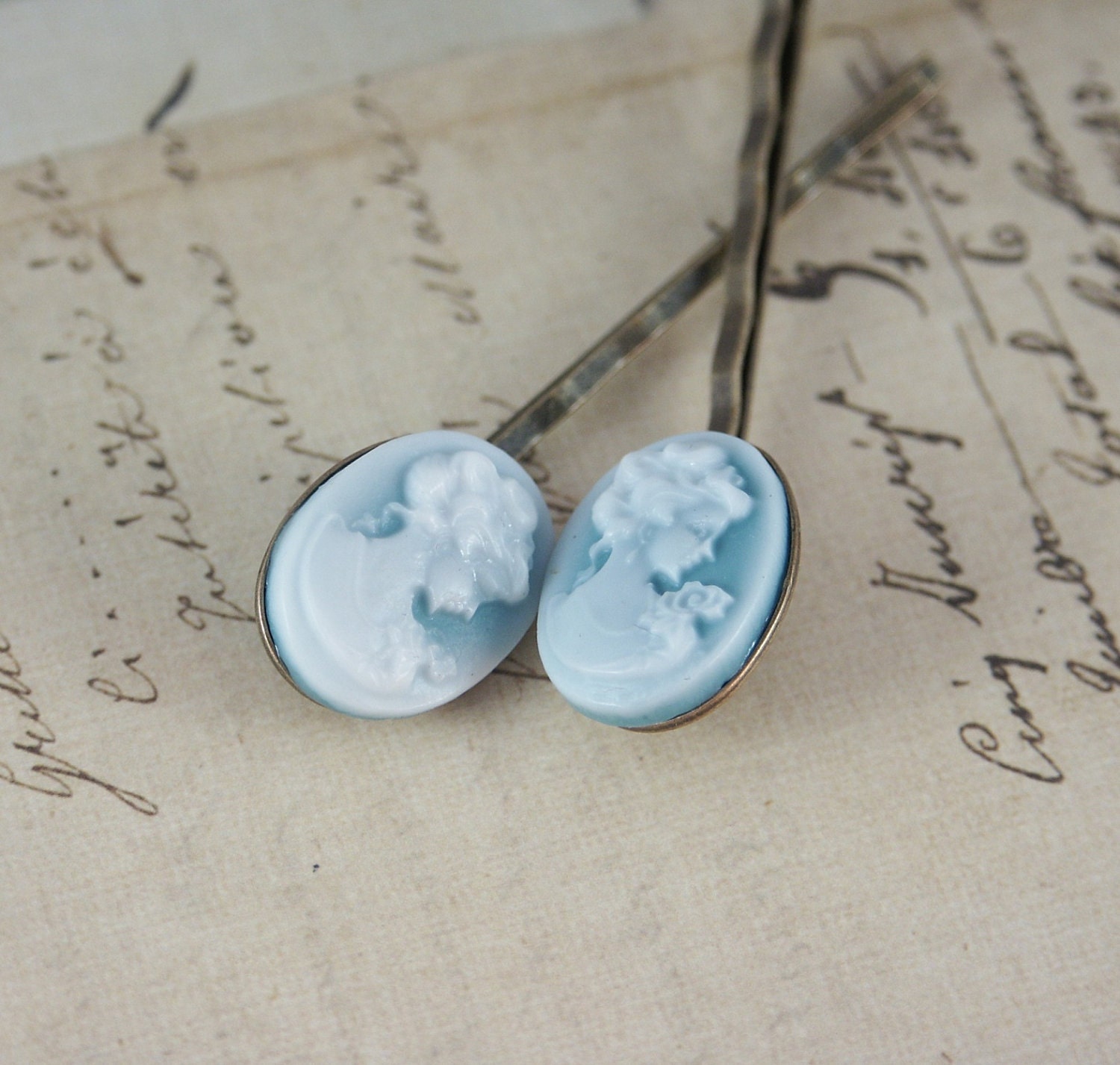 Blue Cameo Hair Bobby Pin Clip -  Antique Brass Handmade by Inspired by Elizabeth
