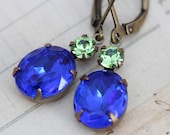 Vintage Rhinestone Earrings Sapphire Peridot Blue Green Glass Earrings -  Estate Style Earrings - Wedding - Bride - Bridesmaids