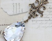 Crystal Jewel Necklace - Victorian Inspired Large Antique Brass Detailed Focal - Handmade by Inspired by Elizabeth