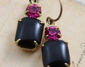 Vintage Earrings - Hot Pink Swarovski Crystals & Vintage Jet Black Glass - Bridal Bridesmaids Princess Punk