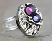 Steampunk Ring Sterling Silver Steam Punk Jewelry Unisex - Amethyst Tanzanite Purple - Vintage Watch Clockwork Ring - Swarovski Crystals