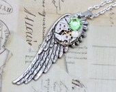 Steampunk Necklace Wing Steam Punk Jewelry - Silver Wing Peridot Opal Green August Birthstone  - Vintage Watch Movement- 20" Silver Chain