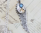 Steampunk Necklace Wing Steam Punk Jewelry 24" Upcycled - Silver Wing Montana Blue - Vintage Elgin Watch Movement
