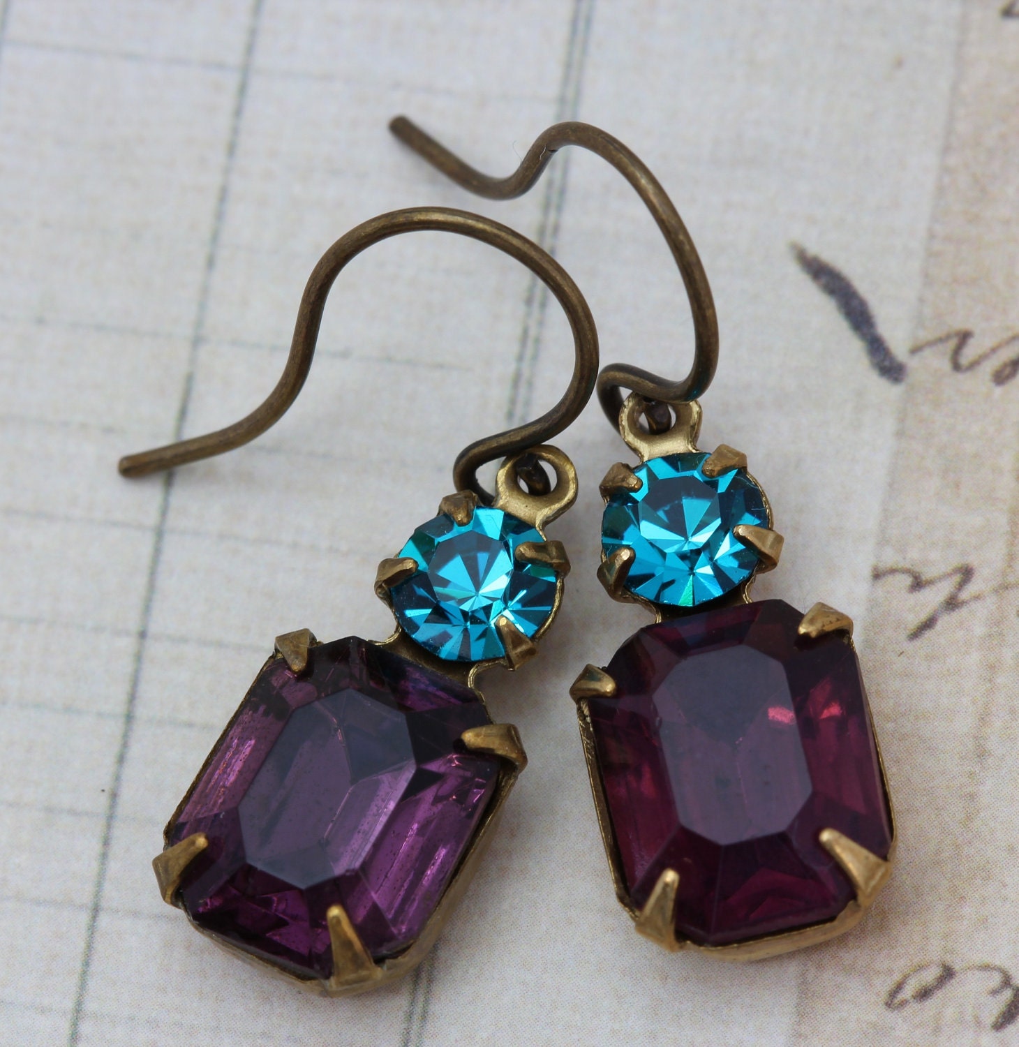 Purple Teal Peacock Vintage Jewel Earrings - Bridesmaids Bridal Amethyst & Blue Zircon Teal Swarovski Crystal Vintage Glass