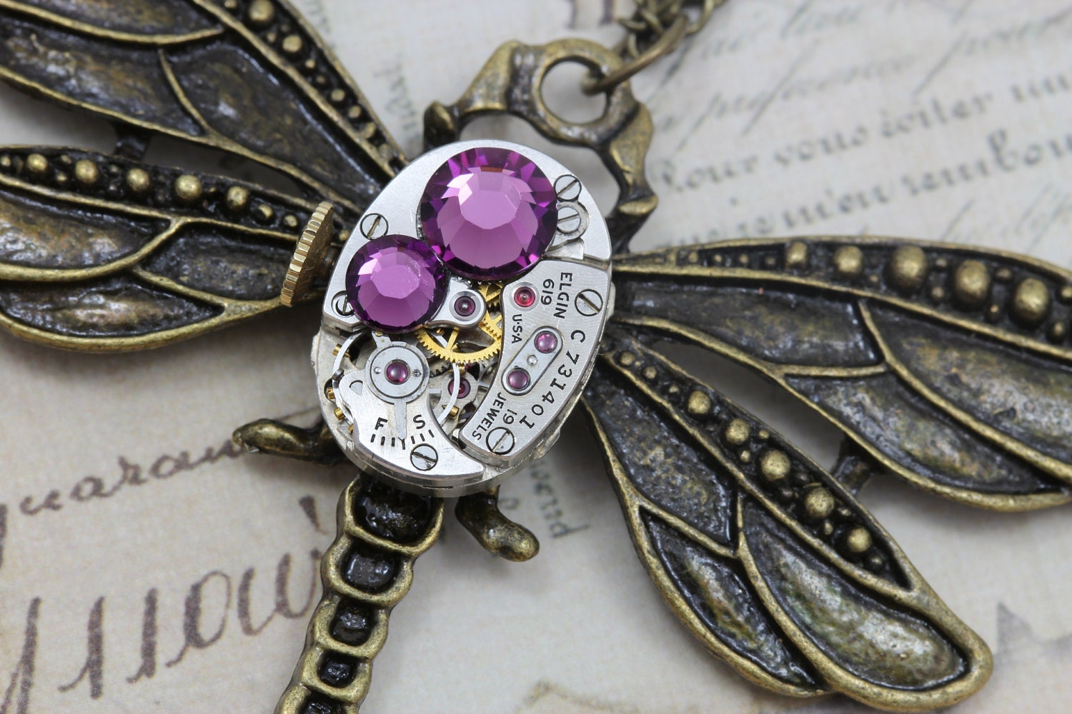 Steampunk Necklace Dragonfly Steam Punk Amethyst Purple Jewelry - Vintage Elgin Watch - Swarovski Crystal