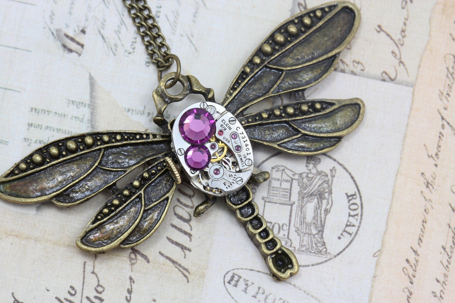 Steampunk Necklace Dragonfly Steam Punk Amethyst Purple Jewelry - Vintage Elgin Watch - Swarovski Crystal