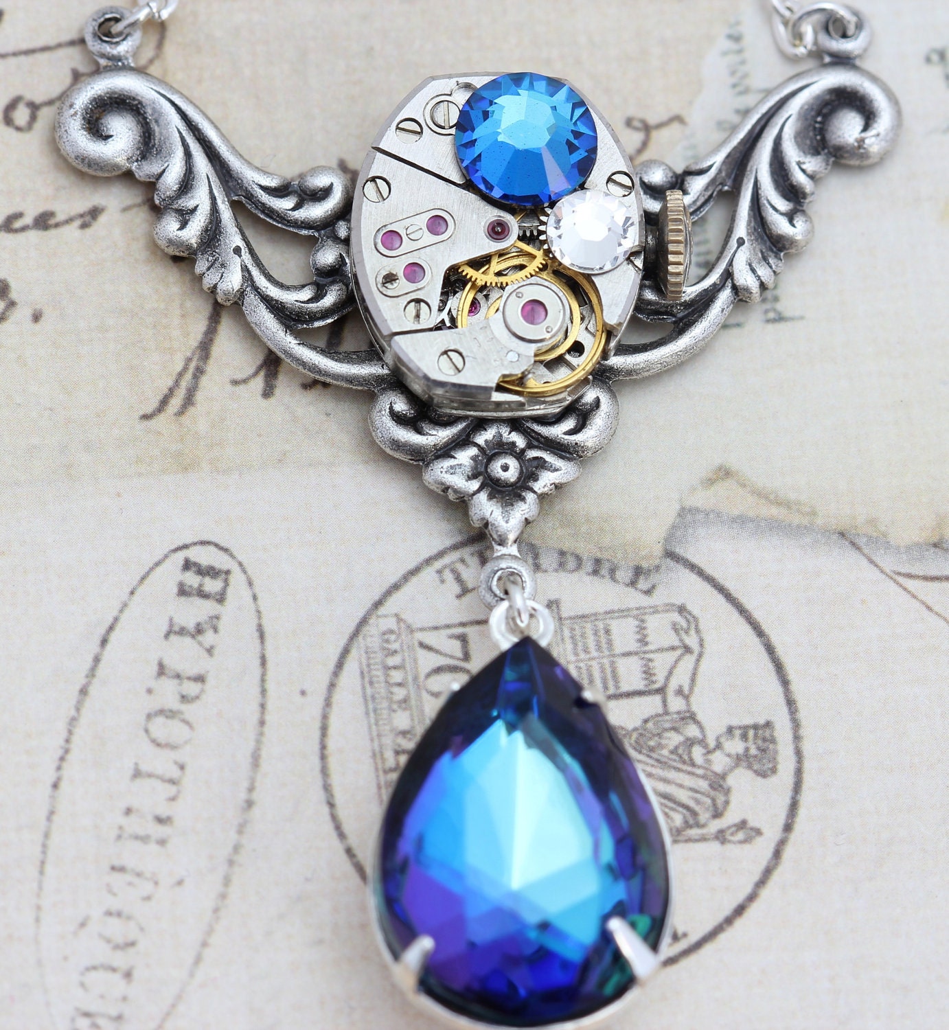 Steampunk Necklace Steam Punk Jewelry - Bermuda Blue Clockwork - Handmade by Inspired by Elizabeth