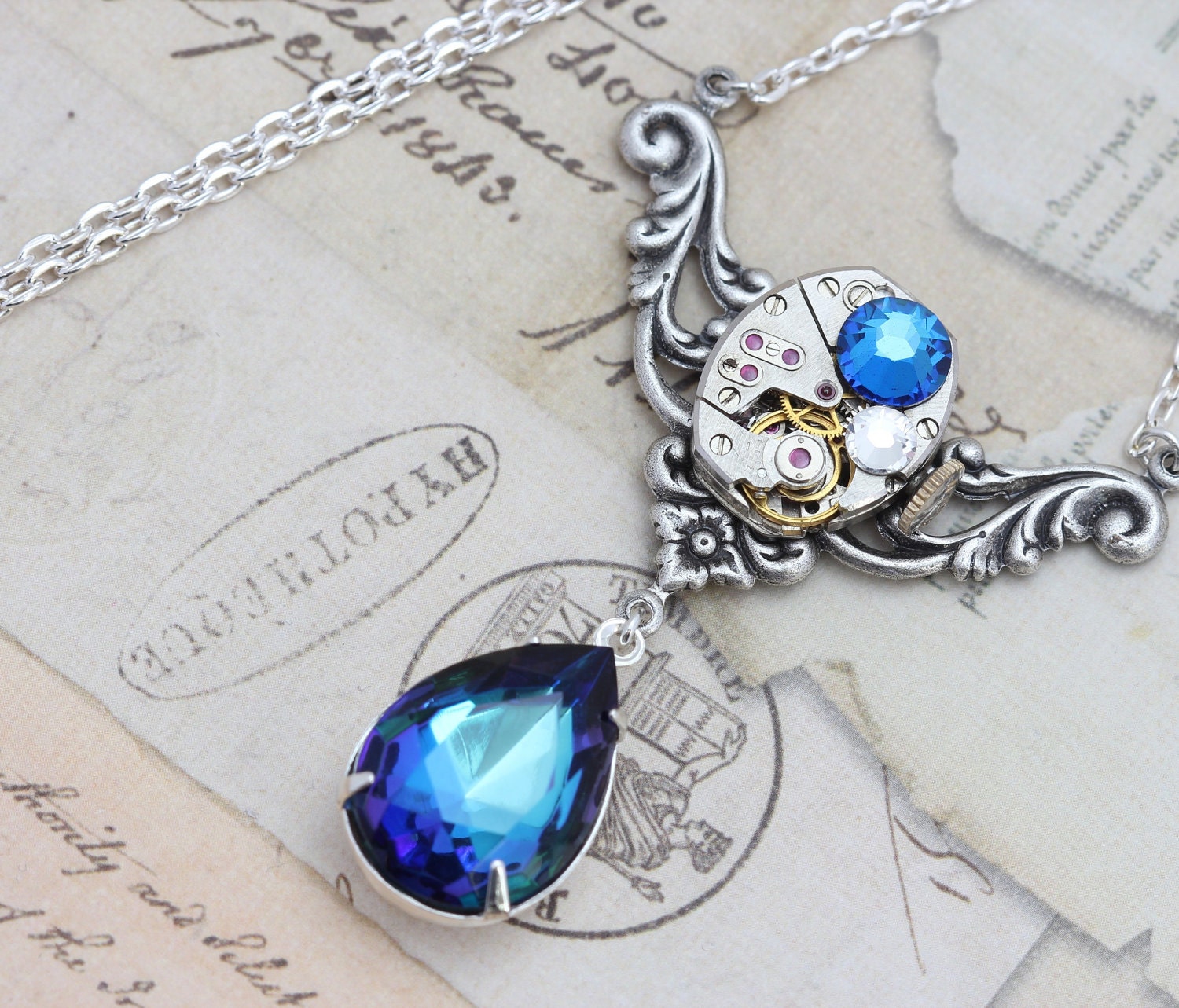 Steampunk Necklace Steam Punk Jewelry - Bermuda Blue Clockwork - Handmade by Inspired by Elizabeth