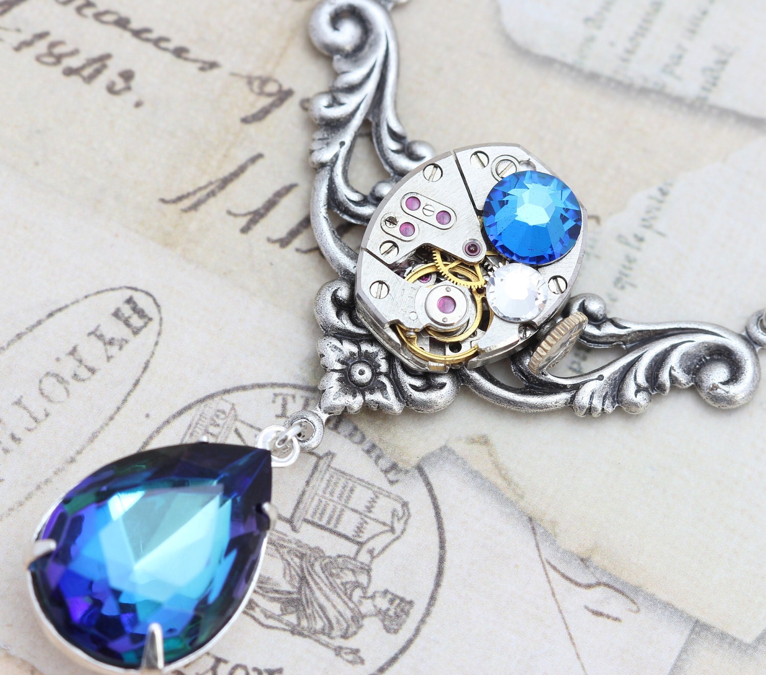 Steampunk Necklace Steam Punk Jewelry - Bermuda Blue Clockwork - Handmade by Inspired by Elizabeth