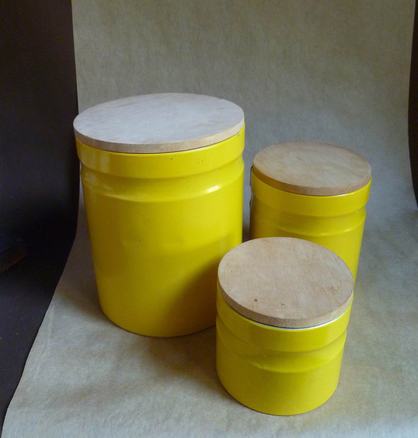 Danish Modern Canister Set, Bright yellow metal with Wood lids