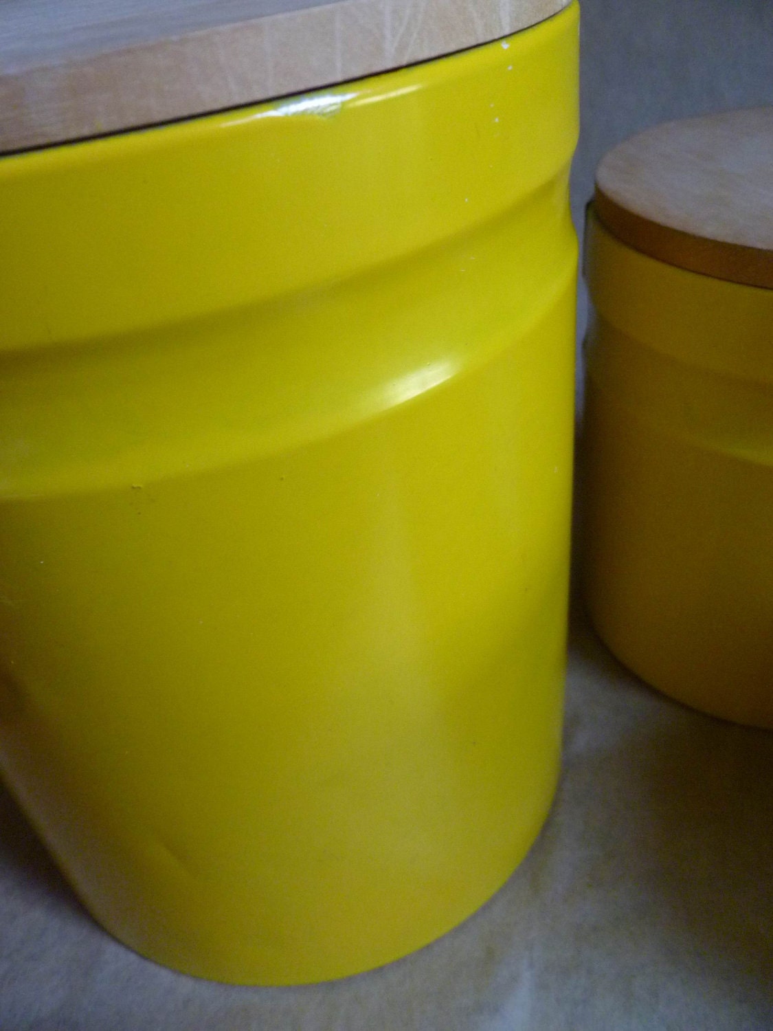 Danish Modern Canister Set, Bright yellow metal with Wood lids