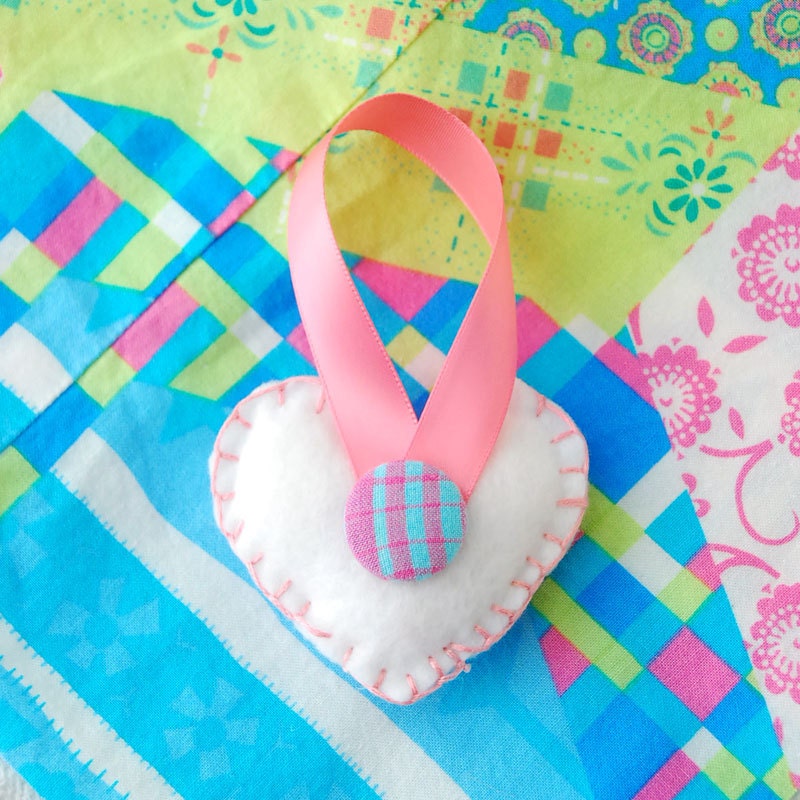 Frosted Sugar Cookie Felt Plush Heart in Pink and White with Madras Fabric Button