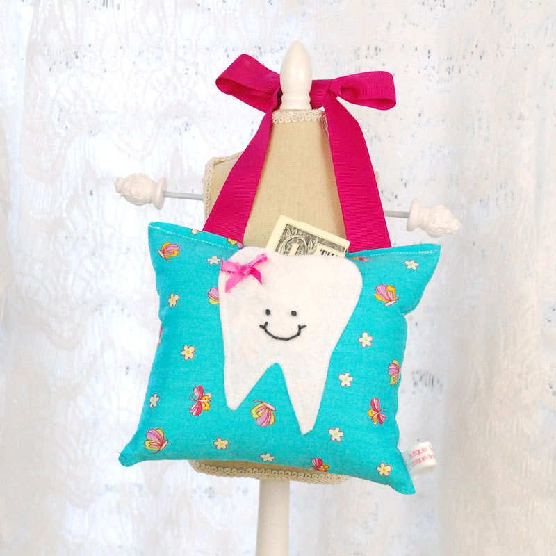 Girl's Tooth Fairy Pillow Tooth Fairy Gift in Turquoise Blue and Hot Pink