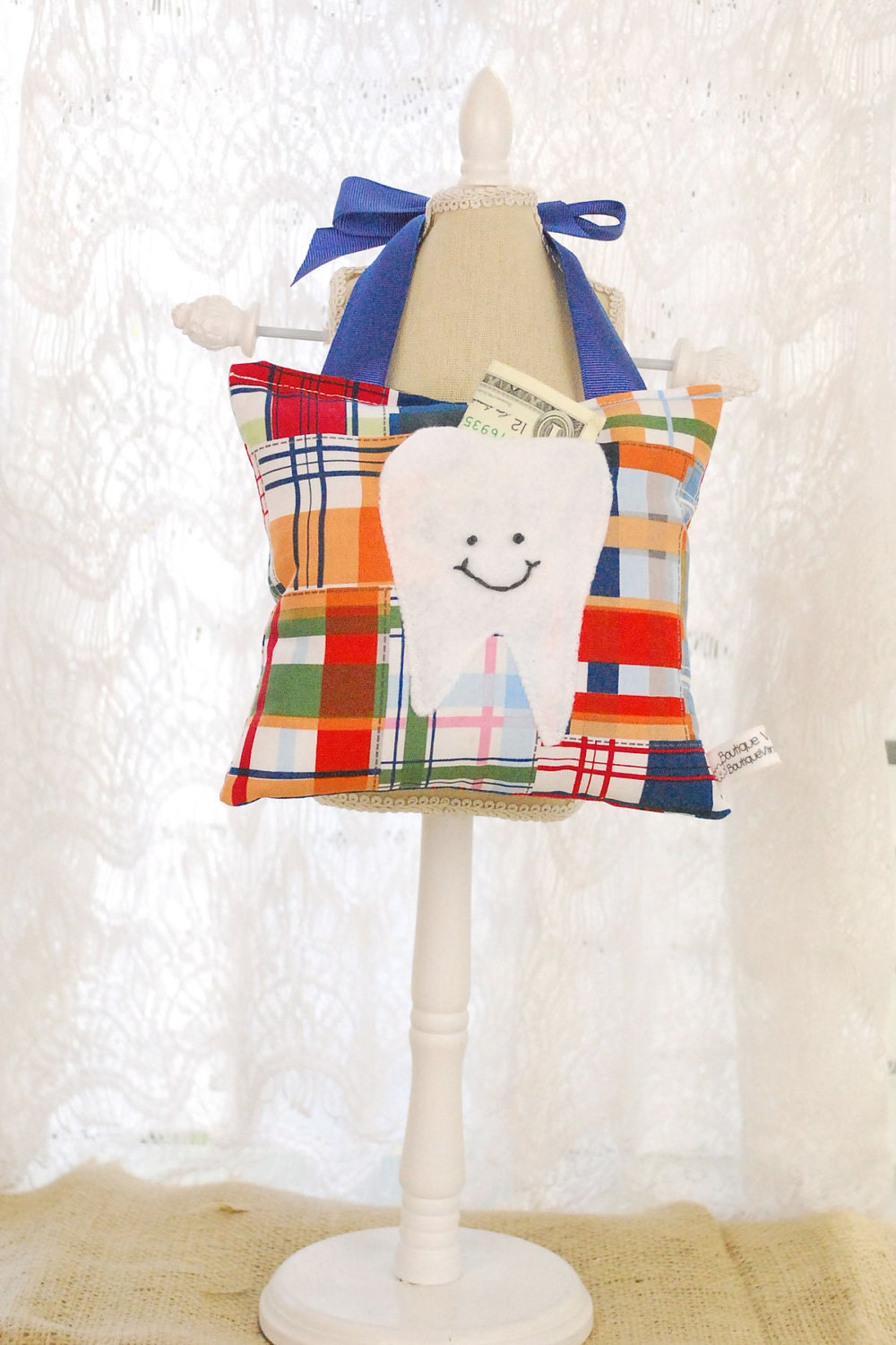 Boys Tooth Fairy Pillow in Navy Blue and Tangerine Orange Nautical Madras Print