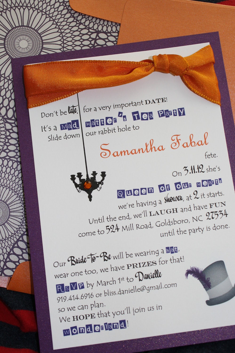 Purple and Orange Mad Hatter Bridal Shower Invitations