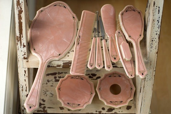 Vintage Pink Celluloid Dresser or Vanity Set