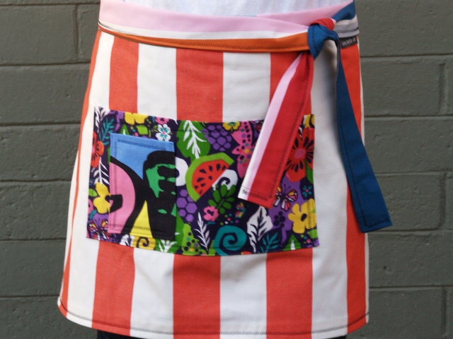 Apron Red white stripes, pockets, heavy canvas