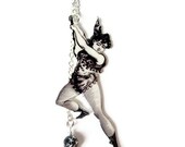 Trapeze Acrobat Necklace Circus Girl Black and White Vintage Illustration Silver 16" Chain