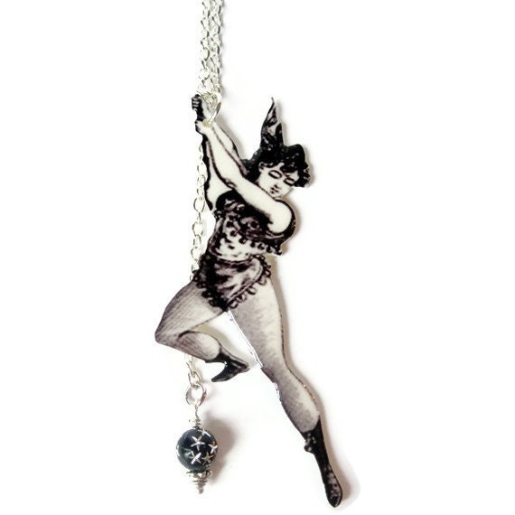 Trapeze Acrobat Necklace Circus Girl Black and White Vintage Illustration Silver 16" Chain