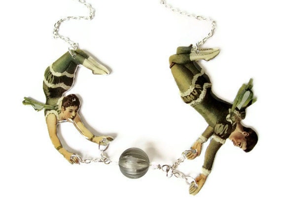 Acrobat Trapeze Necklace Circus Green Swarovski Black Cream White Vintage Illustration Aerial Carnival Jewelry