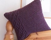 Purple Cushion / Throw Pillow . Hand knitted in red flecked purple 100% wool with cable decoration for home decor OOAK