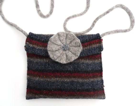 Striped wool messenger bag purse grey / blue / maroon made from felted upcycled jumper with flower motif