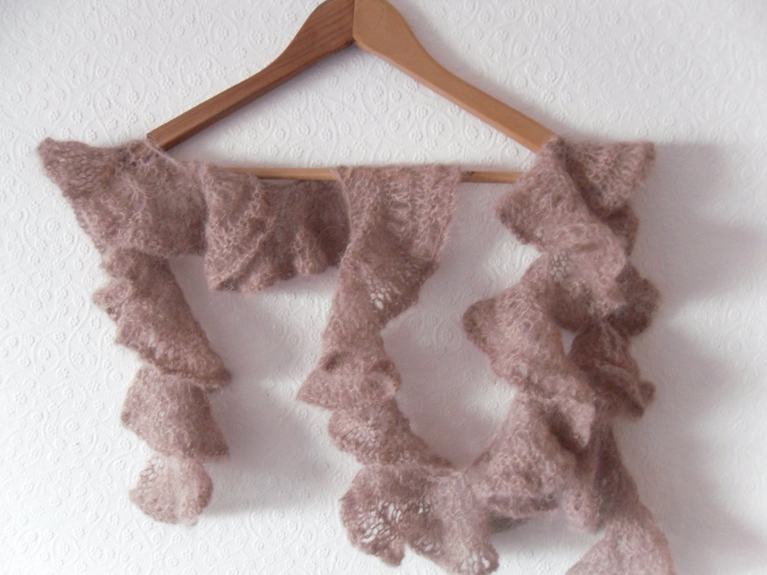 Pink Ruffle womens scarf . Lace spiral. Hand knitted in Jaegar dusky pink mohair yarn . 5' long 4 " wide