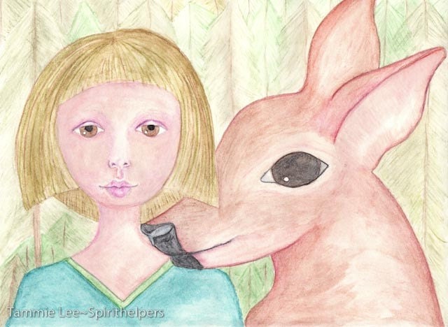 Deer  and Girl in Forest Art Greeting Card