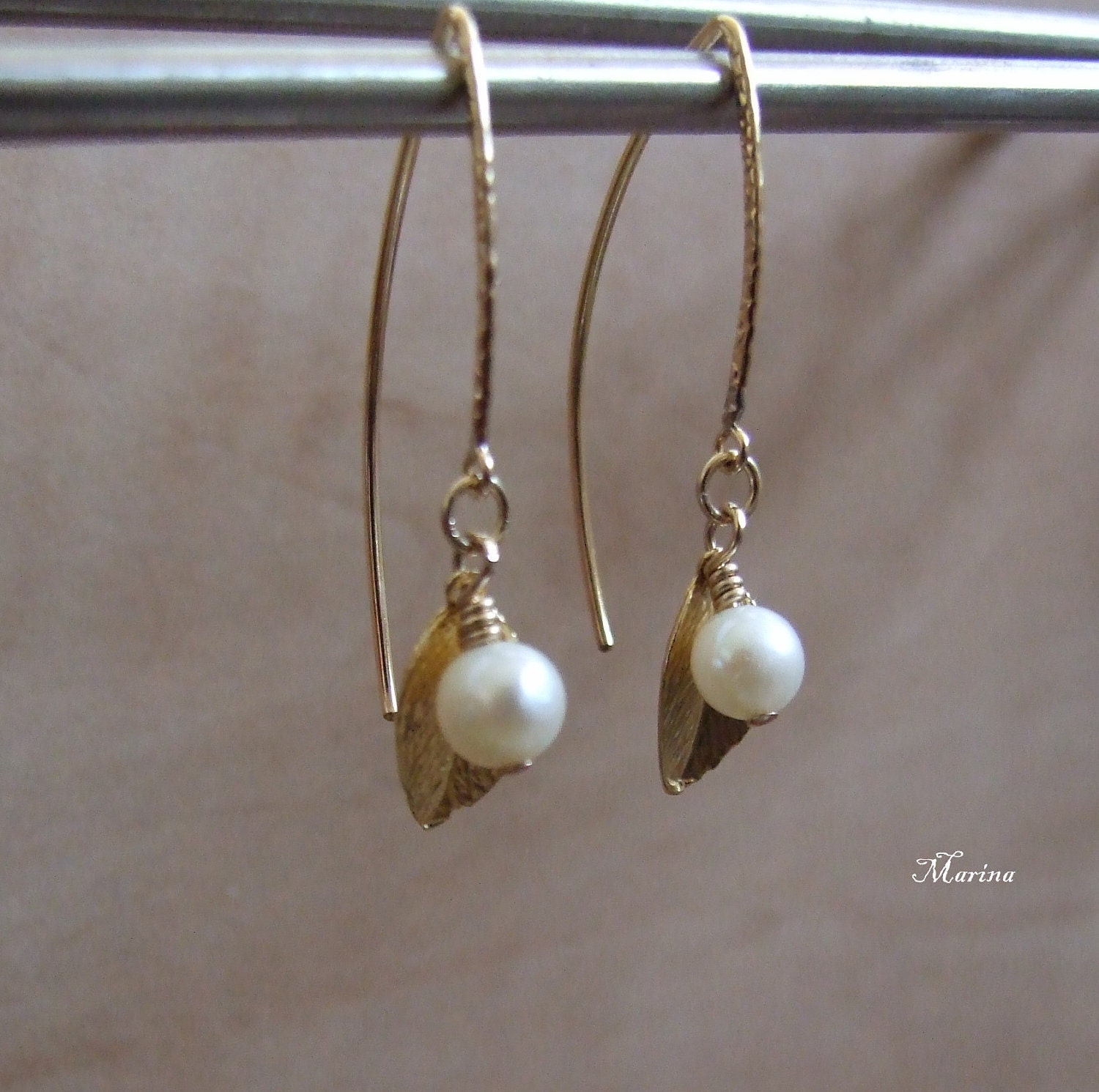 White Pearl Earrings in goldfilled - a Leaf. Bridal jewelry