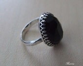 Black Onyx Silver Ring - natural large Oval-shaped Rose cut stone