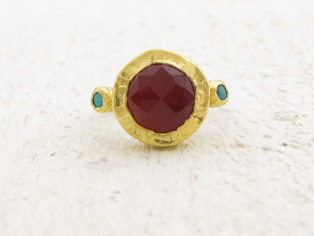 Gemstone Ring, Carnelian & Turquoise Ring, 24k gold Carnelian and  Silver Ring