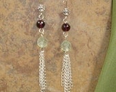 Prehnite and Garnet Silver Dangle Chain Earrings