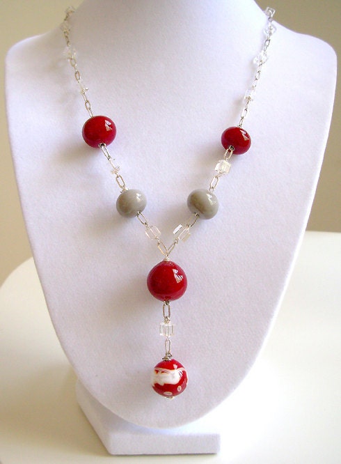 Lampwork deep red, gray glass & quartz bead necklace