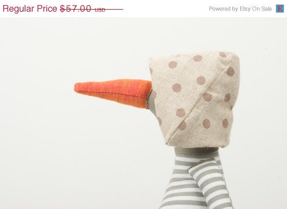 Plush Bird Doll - light Olive Duck Gray and white striped shirt ,corduroy trousers and dotted canvas hat  - handmade - TIMOHANDMADE