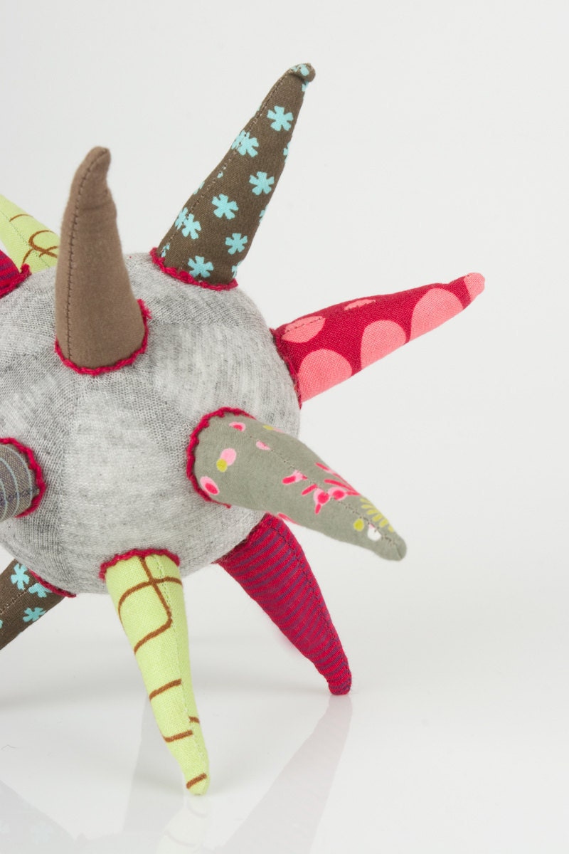 Spring Star -  funky  gray ball or Star all handmade in  Burgundy, green, brown, blue  striped Floral & polka dots - eco design