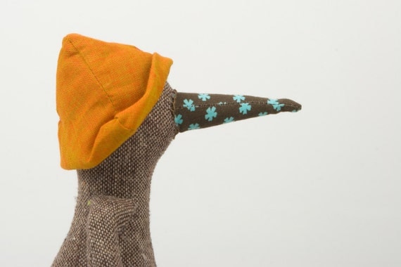 Plush - Rare species Brown duck with  flowery beak and  orange - Yellow mustard hat, Wearing striped Pants - handmade Soft doll
