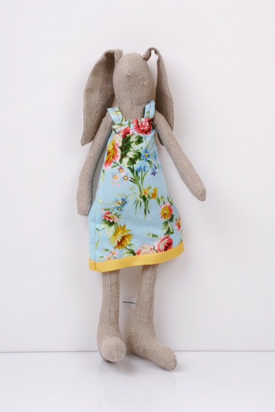 Easter Bunny - Light Natural canvas rabbit- dressed in light blue dress With floral-print handmade fabric doll