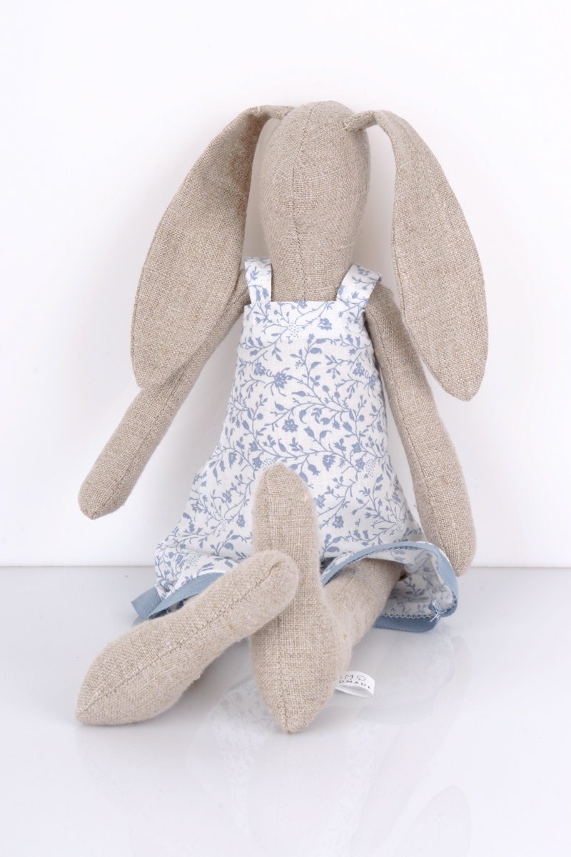 bunny-Natural Canvas rabbit doll in Bright colors Wearing Blue and White Floral dress -handmade fabric doll