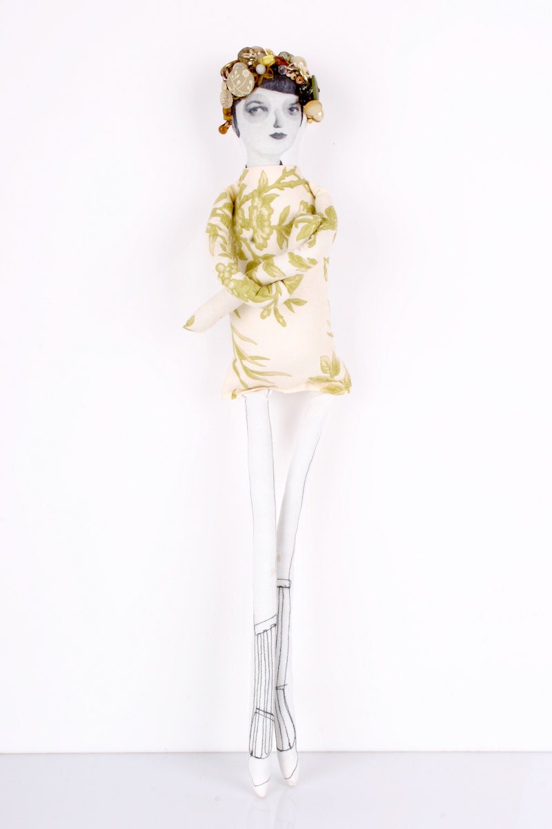 Romantic Lady Doll with Vintage buttons and beads Wearing white floral dress White and pale green- handmade fabric doll