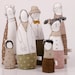 Family - grandparents, parents and three children dressed in natural earth tones , stripes plaid  and polka dots-handmade fabric dolls